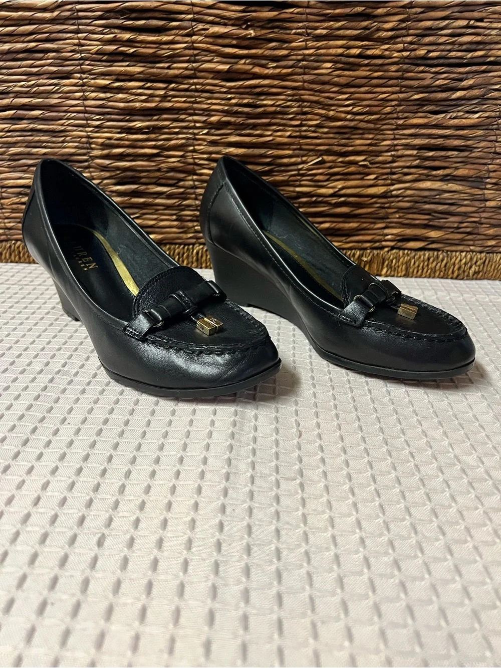Lauren Ralph Lauren LRL Rory Black Leather Wedge Pump Loafers - Size 6.5